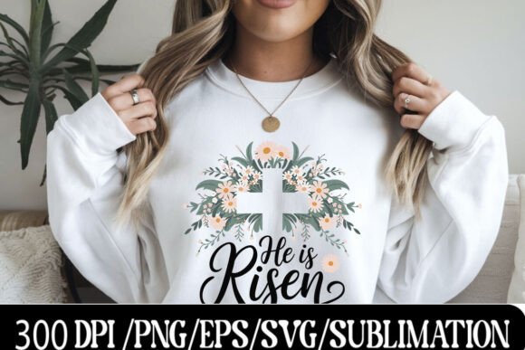 Floral Christian Cross with He is Risen T-Shirt Designs